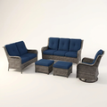 Outdoor Patio Furniture Set Built for All-Weather Use, 6-Piece Configuration, Blue Cushions, Steel Frames