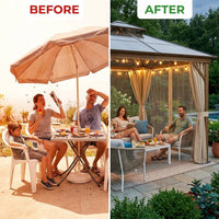 12'X10' Hardtop Gazebo, Aluminum Permanent Pavilion with Polycarbonate Double Roof, Removable Curtains & Mosquito Netting for Patio, Garden, Lawn, Upgrade Your Outdoors (Brown, 12'X10') — Before & After