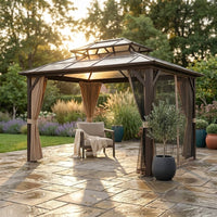 12'X10' Hardtop Gazebo, Aluminum Permanent Pavilion with Polycarbonate Double Roof, Removable Curtains & Mosquito Netting for Patio, Garden, Lawn, Upgrade Your Outdoors (Brown, 12'X10') — Studio Shot