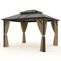 12'X10' Hardtop Gazebo, Aluminum Permanent Pavilion with Polycarbonate Double Roof, Removable Curtains & Mosquito Netting for Patio, Garden, Lawn, Upgrade Your Outdoors (Brown, 12'X10') — Studio Shot