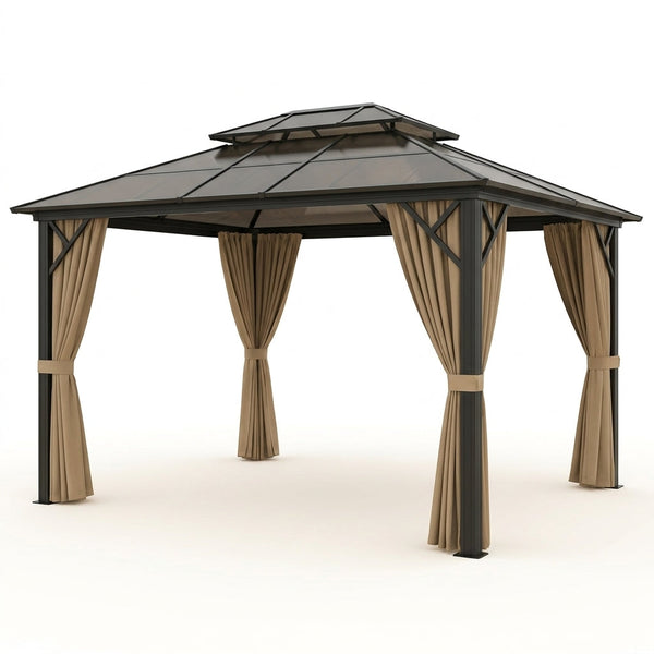 12'X10' Hardtop Gazebo, Aluminum Permanent Pavilion with Polycarbonate Double Roof, Removable Curtains & Mosquito Netting for Patio, Garden, Lawn, Upgrade Your Outdoors (Brown, 12'X10') — Studio Shot