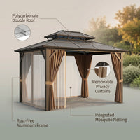12'X10' Hardtop Gazebo, Aluminum Permanent Pavilion with Polycarbonate Double Roof, Removable Curtains & Mosquito Netting for Patio, Garden, Lawn, Upgrade Your Outdoors (Brown, 12'X10') — infographic
