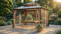 12'X10' Hardtop Gazebo, Aluminum Permanent Pavilion with Polycarbonate Double Roof, Removable Curtains & Mosquito Netting for Patio, Garden, Lawn, Upgrade Your Outdoors (Brown, 12'X10') — Lifestyle