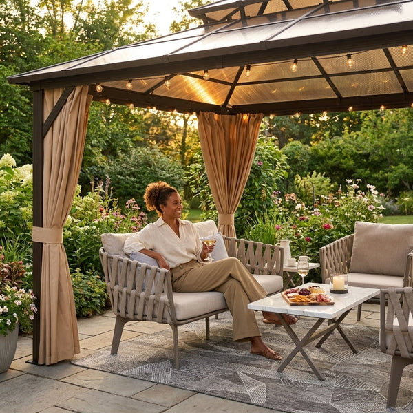 Hardtop Gazebo Built for Year-Round Use, 12x10 Aluminum Frame, Polycarbonate Double Roof, Removable Curtains