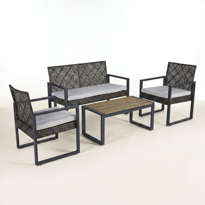 Wicker Patio Furniture Set Built to Last Outdoors, 4 Piece Conversation Set, Acacia Wood Table, Grey Cushions