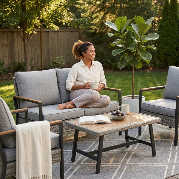Wicker Patio Furniture Set Built to Last Outdoors, 4 Piece Conversation Set, Acacia Wood Table, Grey Cushions