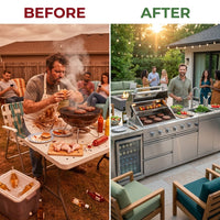 Modular Outdoor Kitchen BBQ Island, 104" Outdoor Kitchen Propane Gas Island Grill with Sink, Compact Refrigerator, Storage Cabinets, Rotisserie Kit (Silver, 104") — Before & After