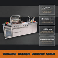 Modular Outdoor Kitchen BBQ Island, 104" Outdoor Kitchen Propane Gas Island Grill with Sink, Compact Refrigerator, Storage Cabinets, Rotisserie Kit (Silver, 104") — Results & Stats