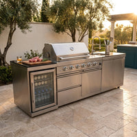 Modular Outdoor Kitchen BBQ Island, 104" Outdoor Kitchen Propane Gas Island Grill with Sink, Compact Refrigerator, Storage Cabinets, Rotisserie Kit (Silver, 104") — Studio Shot