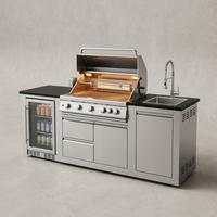 Modular Outdoor Kitchen BBQ Island, 104" Outdoor Kitchen Propane Gas Island Grill with Sink, Compact Refrigerator, Storage Cabinets, Rotisserie Kit (Silver, 104") — Studio Shot