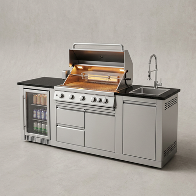 Outdoor Kitchen Island Built for Complete Cooking, 104" Length, Gas Grill & Sink, Compact Refrigerator