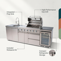 Modular Outdoor Kitchen BBQ Island, 104" Outdoor Kitchen Propane Gas Island Grill with Sink, Compact Refrigerator, Storage Cabinets, Rotisserie Kit (Silver, 104") — infographic