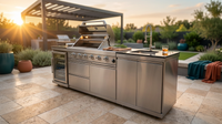 Modular Outdoor Kitchen BBQ Island, 104" Outdoor Kitchen Propane Gas Island Grill with Sink, Compact Refrigerator, Storage Cabinets, Rotisserie Kit (Silver, 104") — Lifestyle