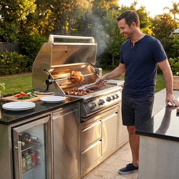 Outdoor Kitchen Island Built for Complete Cooking, 104" Length, Gas Grill & Sink, Compact Refrigerator