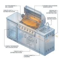 Modular Outdoor Kitchen BBQ Island, 104" Outdoor Kitchen Propane Gas Island Grill with Sink, Compact Refrigerator, Storage Cabinets, Rotisserie Kit (Silver, 104") — How It Works