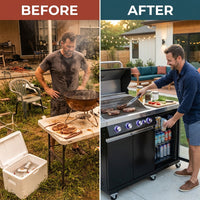 Outdoor Kitchen Island Built for Premium Grilling, 70" Black Stainless Steel, Refrigerator, 4-Burner BBQ — Before & After