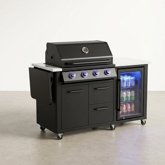 Outdoor Kitchen Island Built for Premium Grilling, 70" Black Stainless Steel, Refrigerator, 4-Burner BBQ — Studio Shot