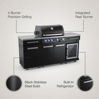 Outdoor Kitchen Island Built for Premium Grilling, 70" Black Stainless Steel, Refrigerator, 4-Burner BBQ — infographic