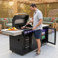 Outdoor Kitchen Island Built for Premium Grilling, 70" Black Stainless Steel, Refrigerator, 4-Burner BBQ — Lifestyle