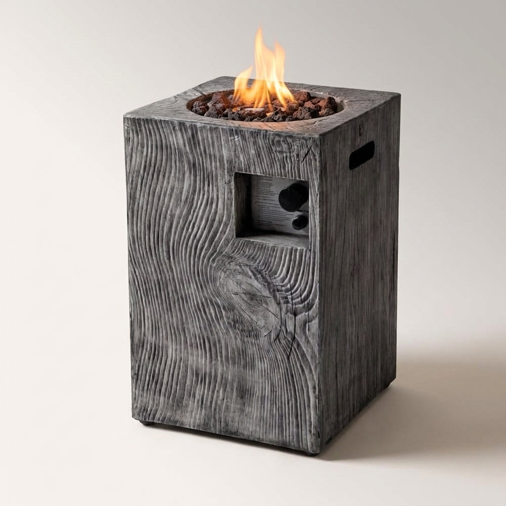Outdoor Propane Fire Pit, 30000 BTU Column Propane Fire Pit, Wood-Look Surface — Studio Shot