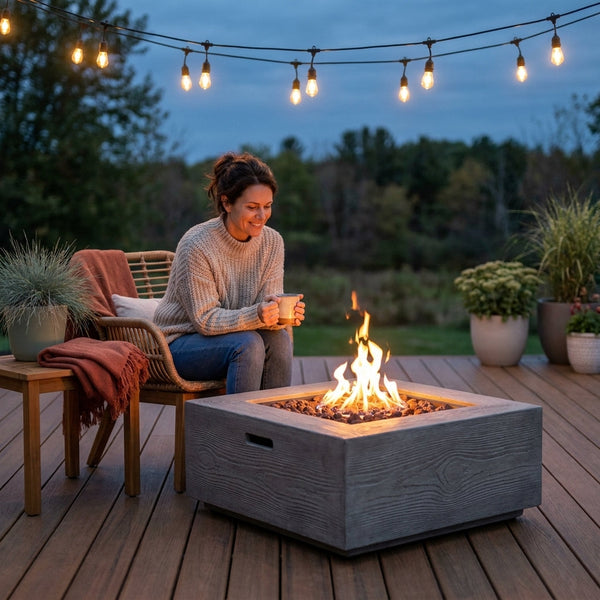 Propane Fire Pit Built to Heat Large Patios, 30000 BTU Output, Wood-Look Column Design, Electronic Ignition
