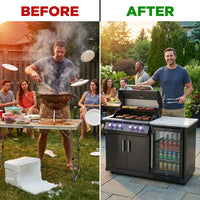 Premium 70" Black Stainless Steel Outdoor Kitchen Island with Refrigerator + 32"W 4-Burner BBQ Grill with Rear Burner — Before & After