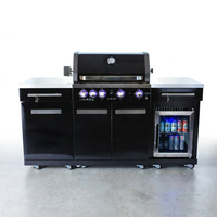 Premium 70" Black Stainless Steel Outdoor Kitchen Island with Refrigerator + 32"W 4-Burner BBQ Grill with Rear Burner — Studio Shot