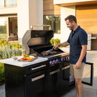 Premium 70" Black Stainless Steel Outdoor Kitchen Island with Refrigerator + 32"W 4-Burner BBQ Grill with Rear Burner — Lifestyle
