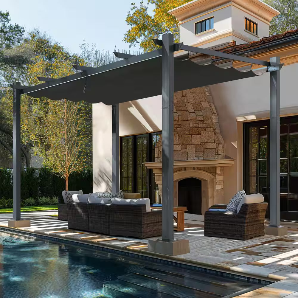 13 Ft. X 10 Ft. Aluminum Outdoor Patio Pergola with Retractable Canopy in Dark Gray
