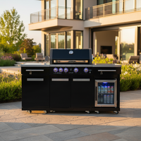 Outdoor Kitchen Island Built for Premium Grilling, 70" Black Stainless Steel, Refrigerator, 4-Burner BBQ